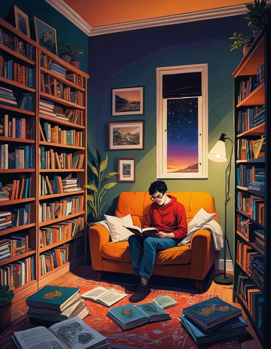 A vibrant illustration of a person reading a graphic novel in a cozy, dimly lit room filled with eclectic art pieces and colorful bookshelves. The graphic novel pages are visually bursting with dynamic illustrations, showcasing diverse characters and complex themes. Subtle elements suggest a journey, like maps and compasses, integrated into the artwork. The scene conveys an inviting, introspective atmosphere, blending imagination with the reality of graphic storytelling. bright colors. painting. cozy ambiance.